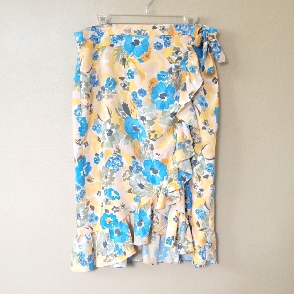 LOFT Yellow Blue Floral Ruffle Faux Wrap Skirt - Size 12